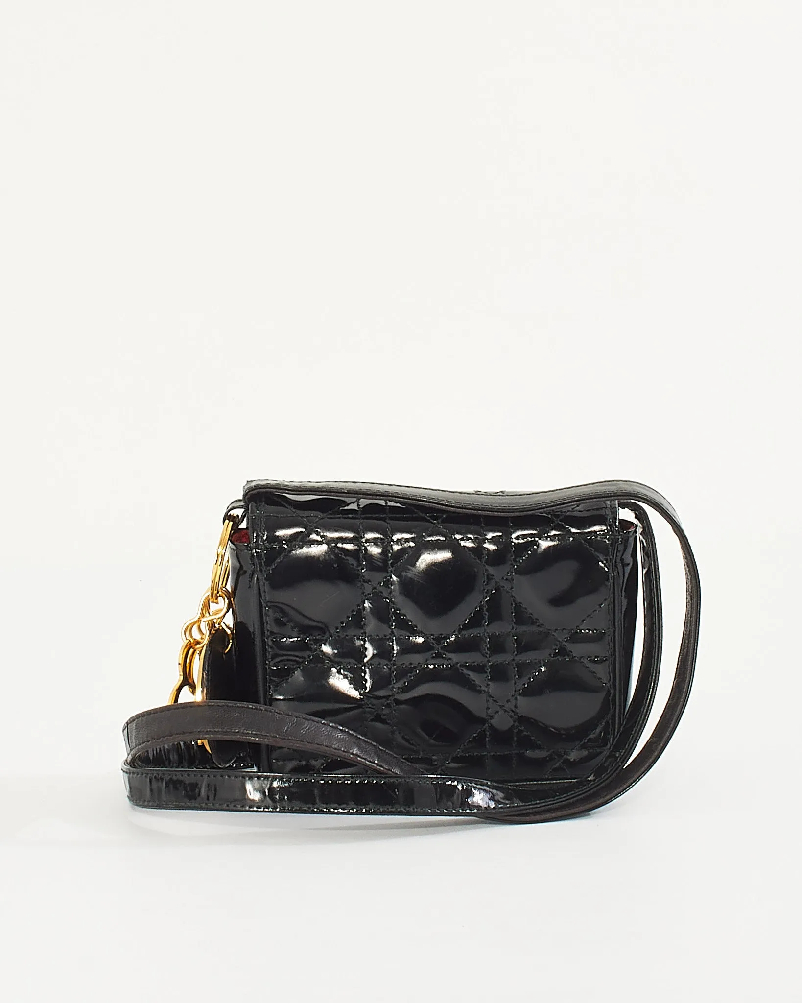 Dior Vintage Black Patent Small Lady Dior Voyageur Coin Purse on Strap