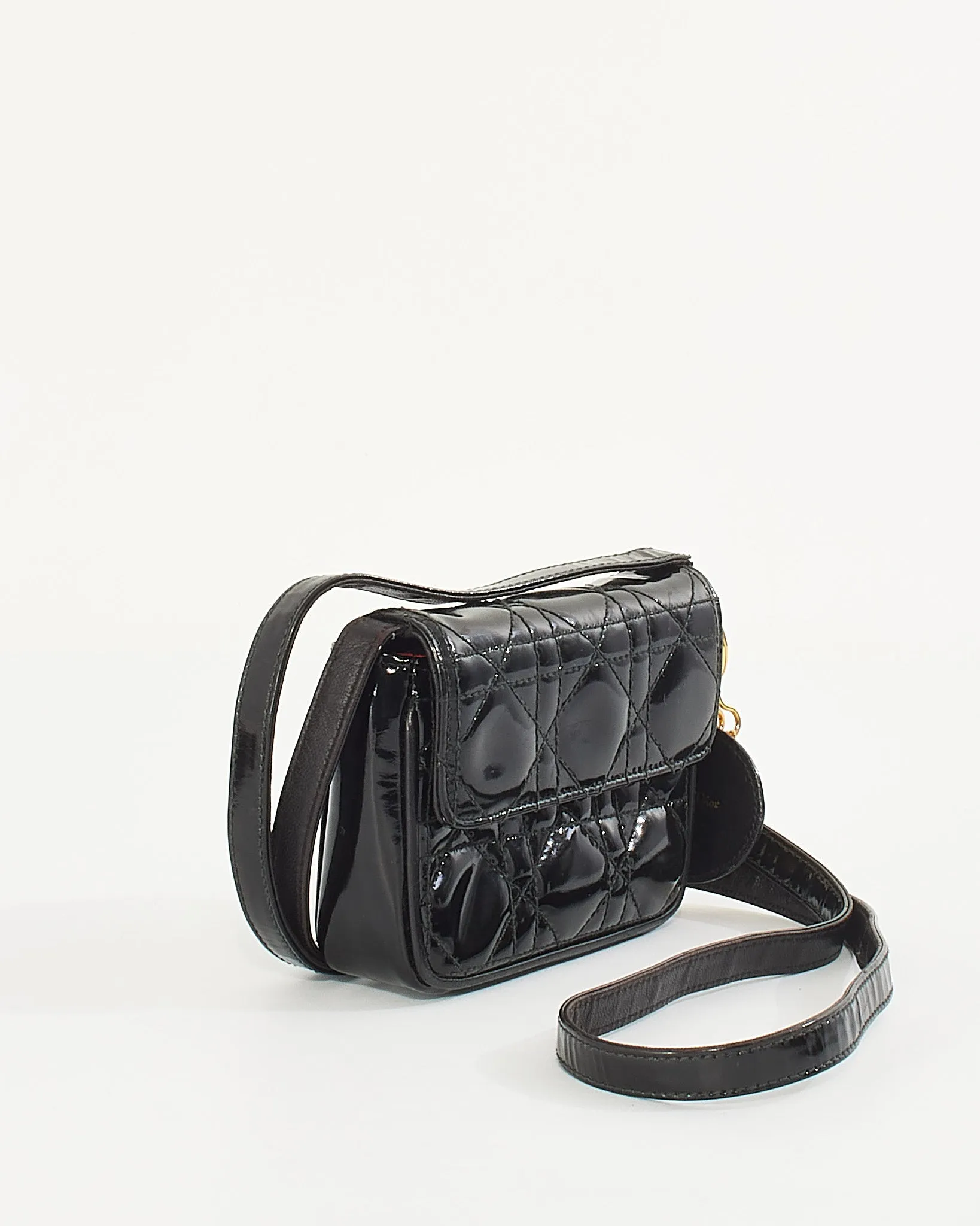 Dior Vintage Black Patent Small Lady Dior Voyageur Coin Purse on Strap