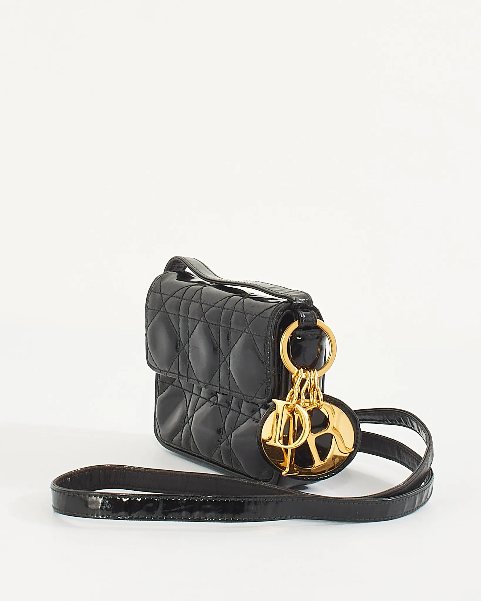 Dior Vintage Black Patent Small Lady Dior Voyageur Coin Purse on Strap