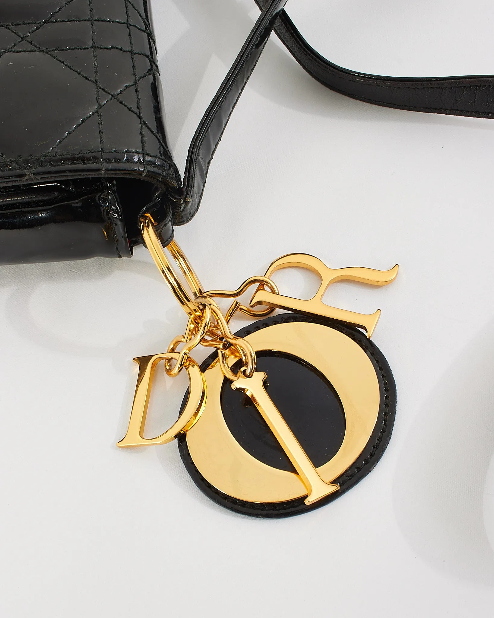Dior Vintage Black Patent Small Lady Dior Voyageur Coin Purse on Strap