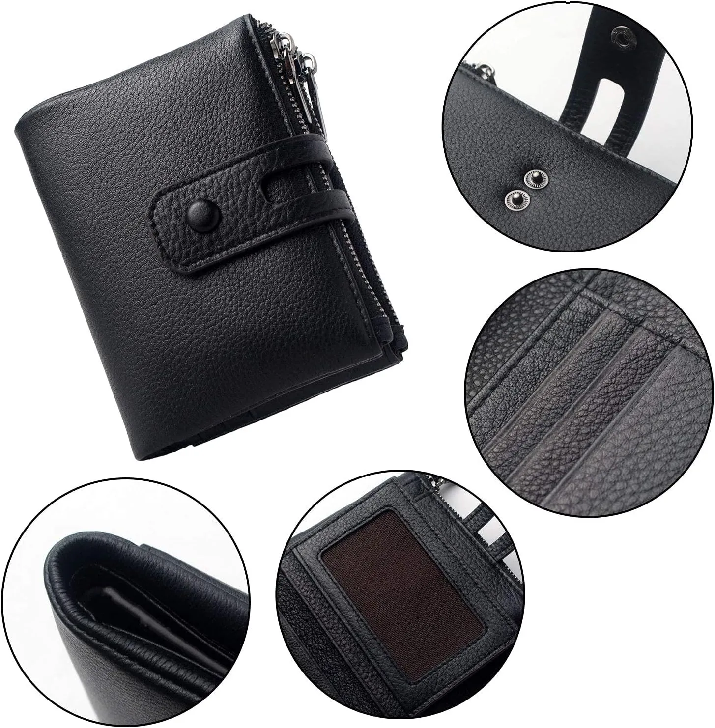Double Zipper Pocket Small Wallet for Women, RFID Blocking Leather Card Holder
