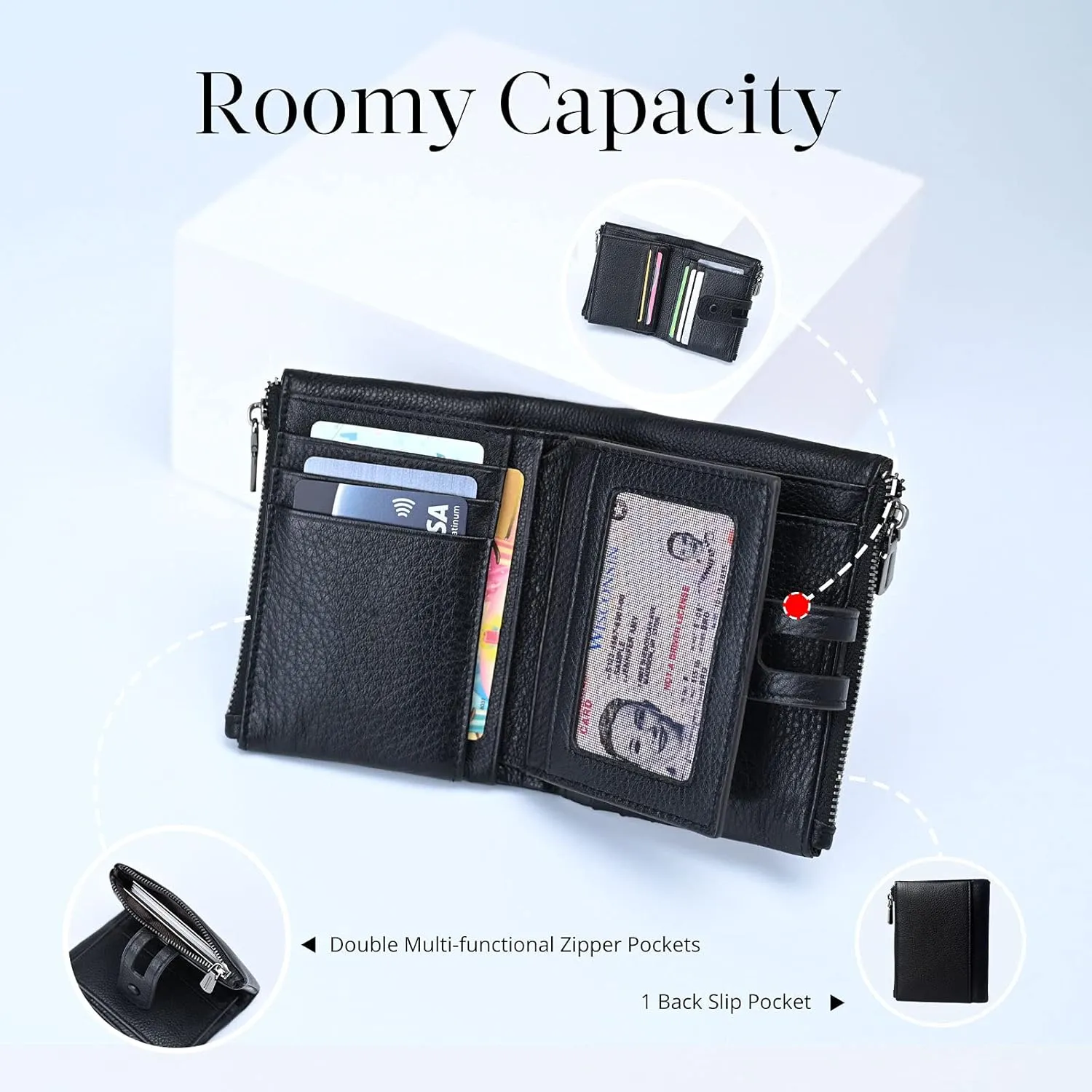 Double Zipper Pocket Small Wallet for Women, RFID Blocking Leather Card Holder