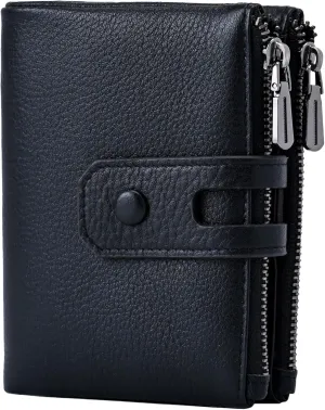 Double Zipper Pocket Small Wallet for Women, RFID Blocking Leather Card Holder