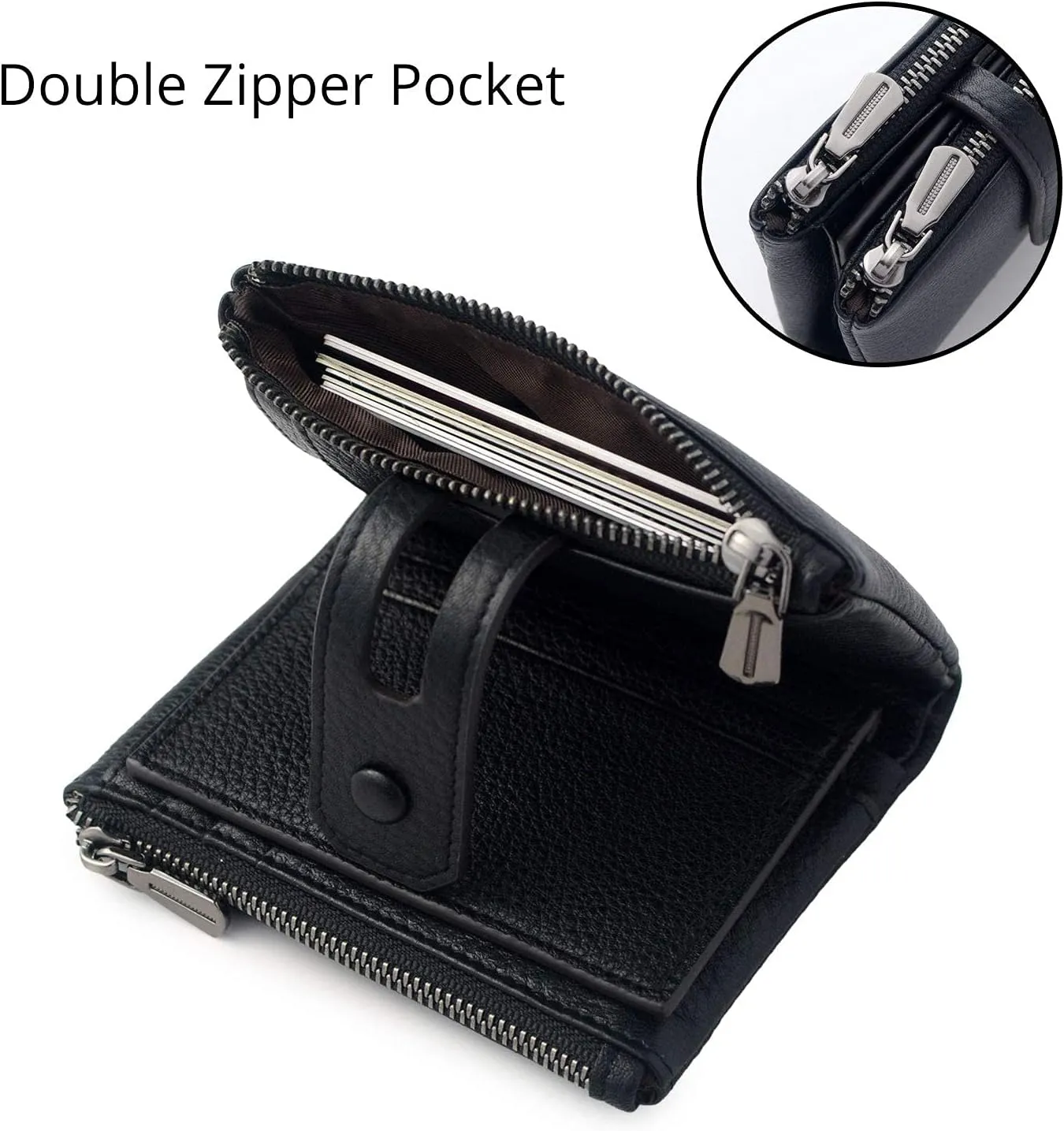 Double Zipper Pocket Small Wallet for Women, RFID Blocking Leather Card Holder