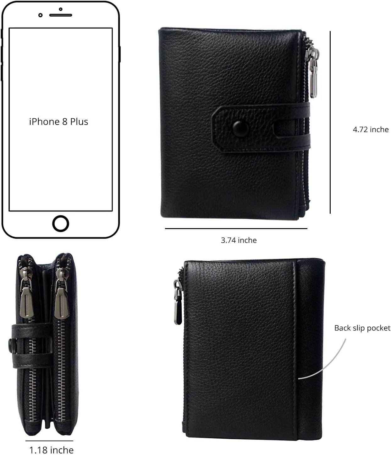 Double Zipper Pocket Small Wallet for Women, RFID Blocking Leather Card Holder