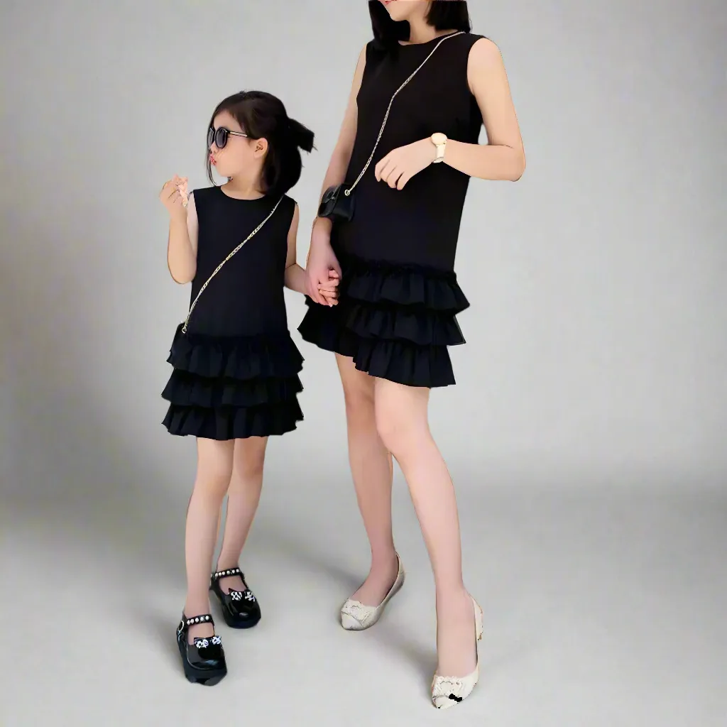 Elegant Black Ruffle Dress - Chic Sleeveless Layered Dress for Mother and Daughter, Perfect for Parties and Events