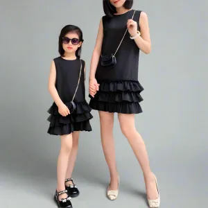 Elegant Black Ruffle Dress - Chic Sleeveless Layered Dress for Mother and Daughter, Perfect for Parties and Events