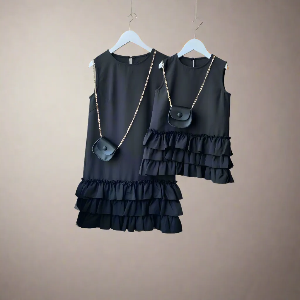 Elegant Black Ruffle Dress - Chic Sleeveless Layered Dress for Mother and Daughter, Perfect for Parties and Events
