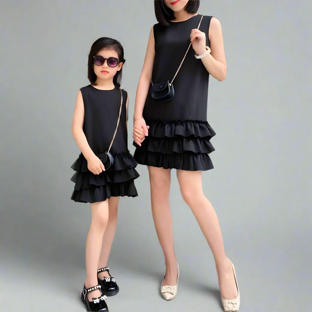 Elegant Black Ruffle Dress - Chic Sleeveless Layered Dress for Mother and Daughter, Perfect for Parties and Events