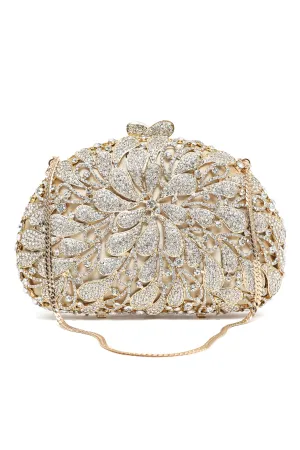 EMBELLISHED FLORAL DESIGN CLUTCH-SILV-GOLD