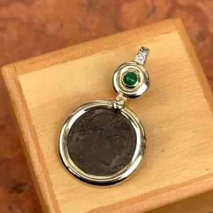 Estate 14KT Yellow Gold Emerald   Diamond Roman Coin Pendant