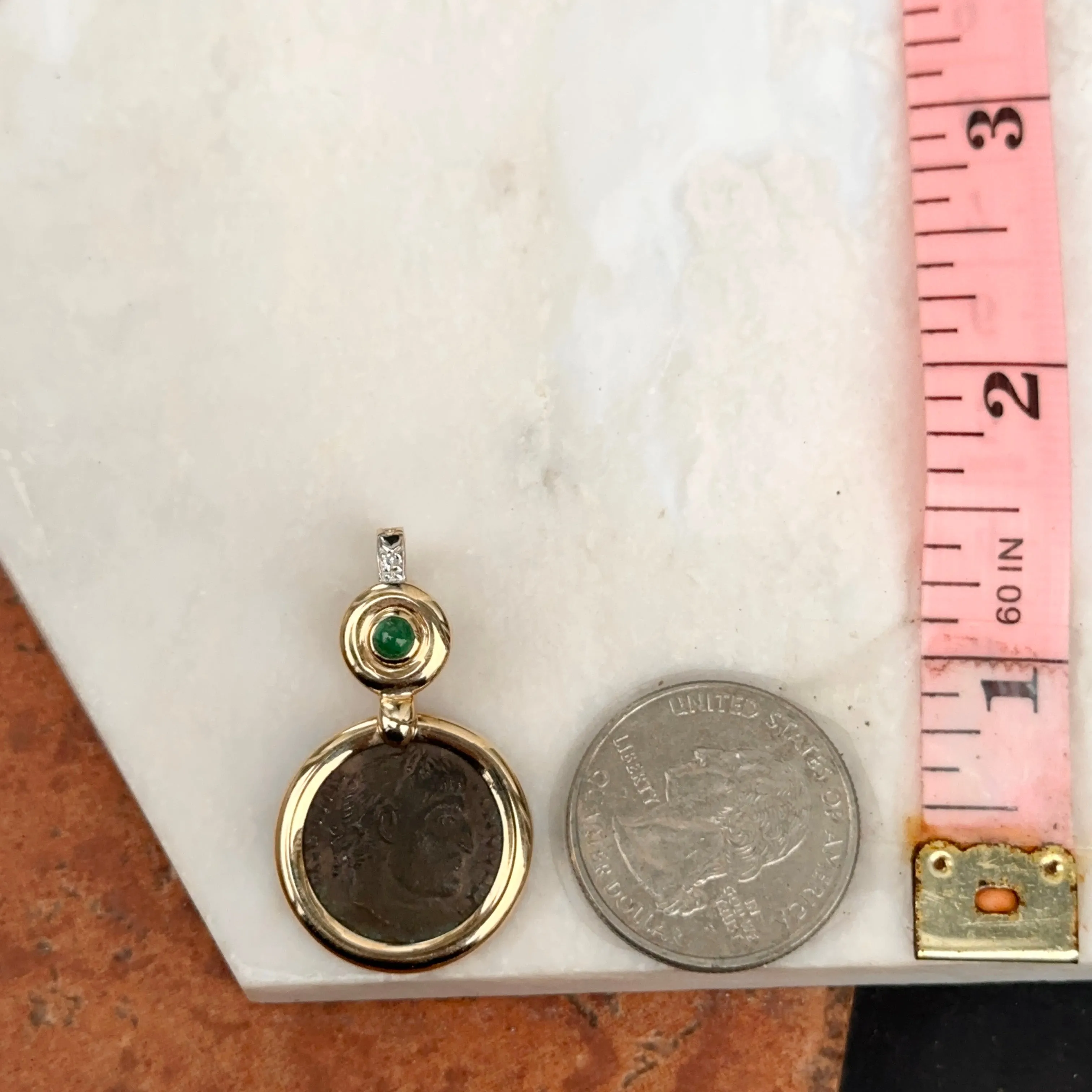 Estate 14KT Yellow Gold Emerald   Diamond Roman Coin Pendant