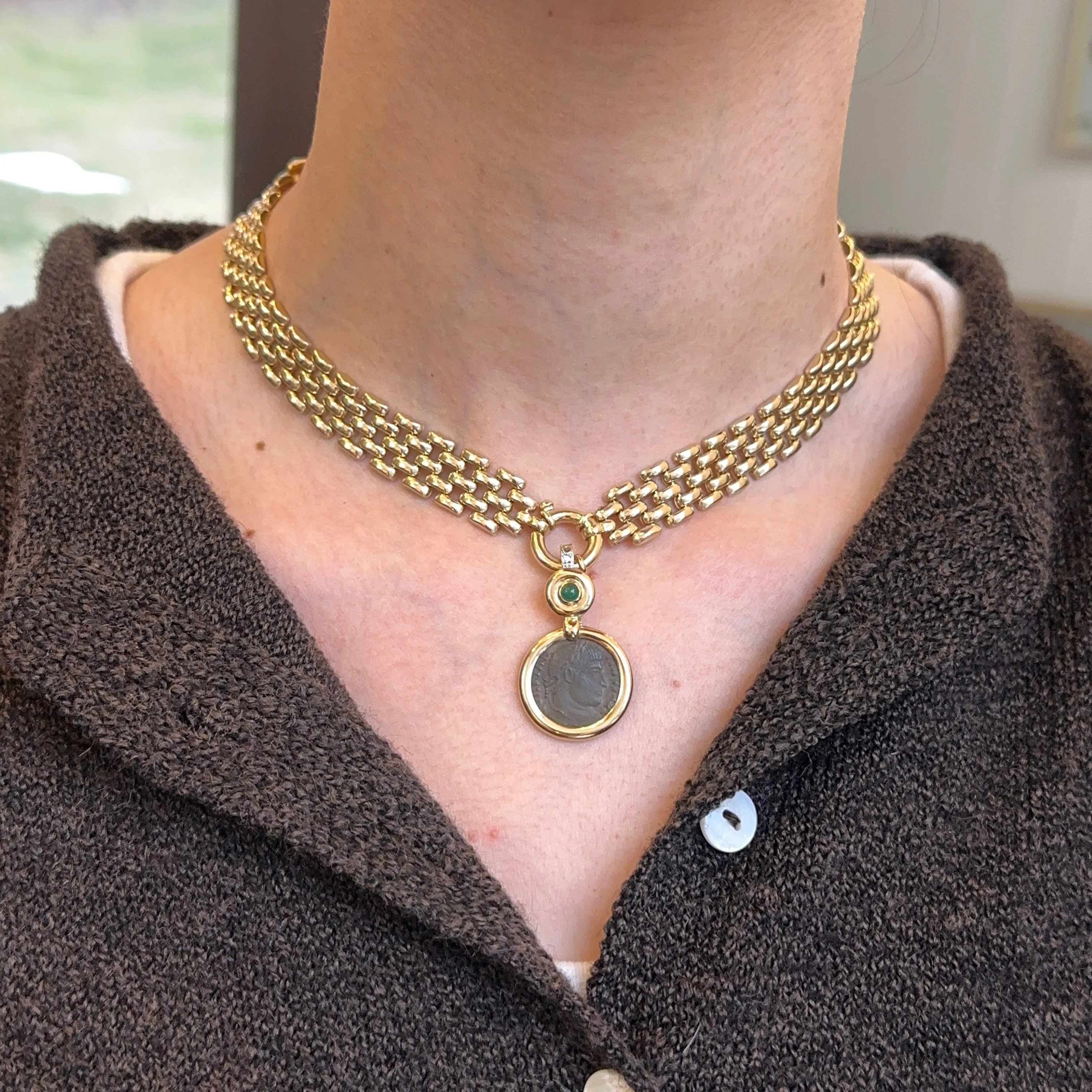 Estate 14KT Yellow Gold Emerald   Diamond Roman Coin Pendant