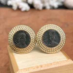 Estate 14KT Yellow Gold Rope Twist Etruscan Roman Coin Omega Earrings