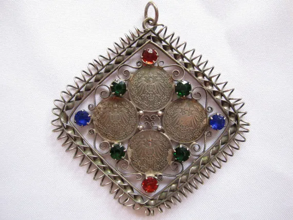 Estate Sterling Pendant, Vintage Deutsches 1/2 Mark Coin Rhinestone Pendant