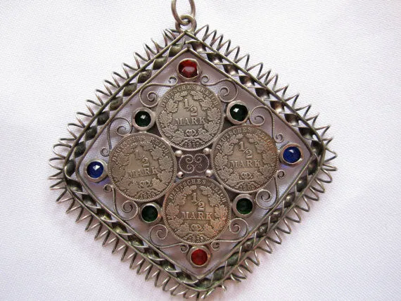 Estate Sterling Pendant, Vintage Deutsches 1/2 Mark Coin Rhinestone Pendant