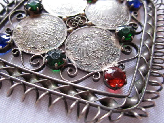 Estate Sterling Pendant, Vintage Deutsches 1/2 Mark Coin Rhinestone Pendant