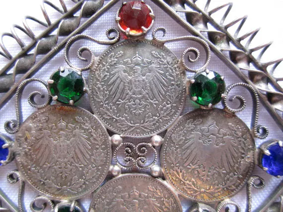 Estate Sterling Pendant, Vintage Deutsches 1/2 Mark Coin Rhinestone Pendant
