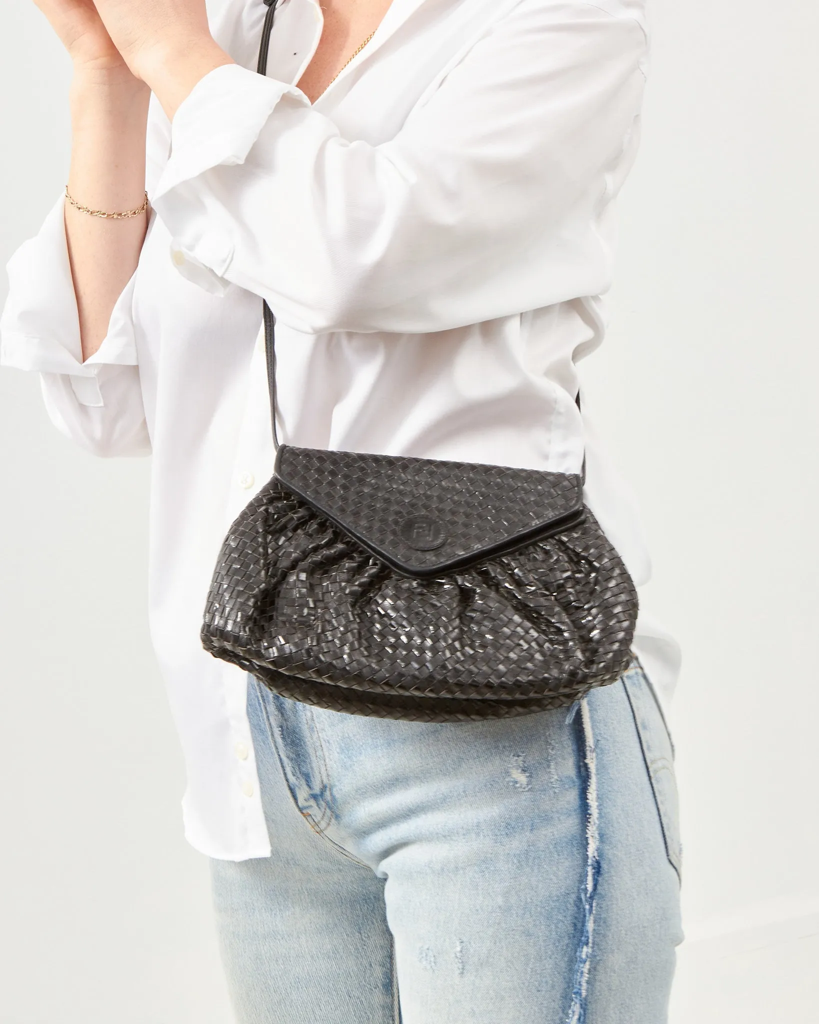 Fendi Black  Intrecciato Leather Moon Crossbody