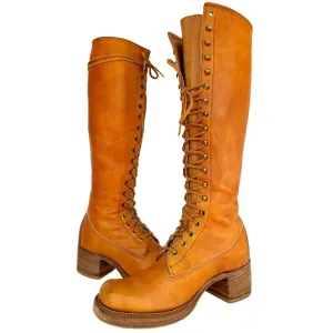 FRYE Campus Lace Up True Vintage Black Label Tall Knee High Sunrise Leather Boots