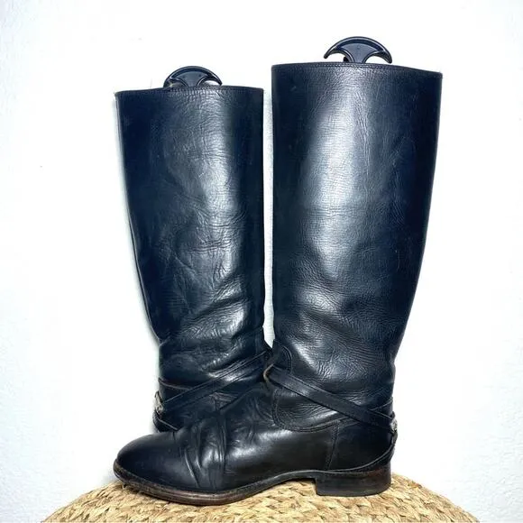 Frye Lindsay plate black tall leather boots women 7.5