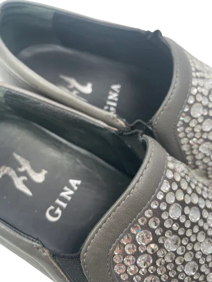 Gina Grey Leather & Crystal Embellished Satin Gioia Slip On Skate Sneakers Trainers UK 3 EU 36 👠
