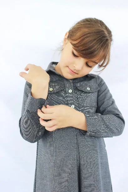 Girls Long Sleeved Double Pocket and Pleat Collard Mid Weight Shirt Dress