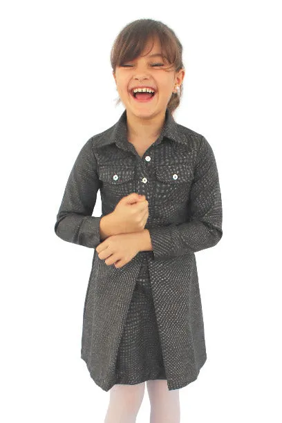 Girls Long Sleeved Double Pocket and Pleat Collard Mid Weight Shirt Dress