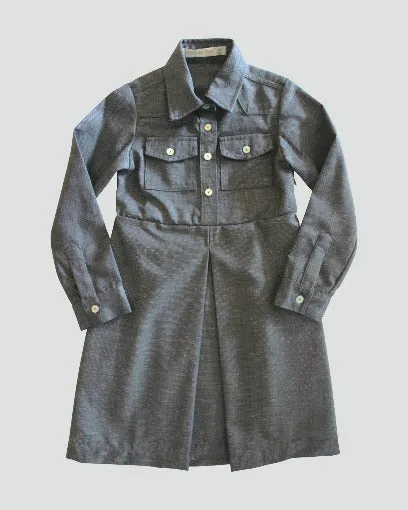 Girls Long Sleeved Double Pocket and Pleat Collard Mid Weight Shirt Dress