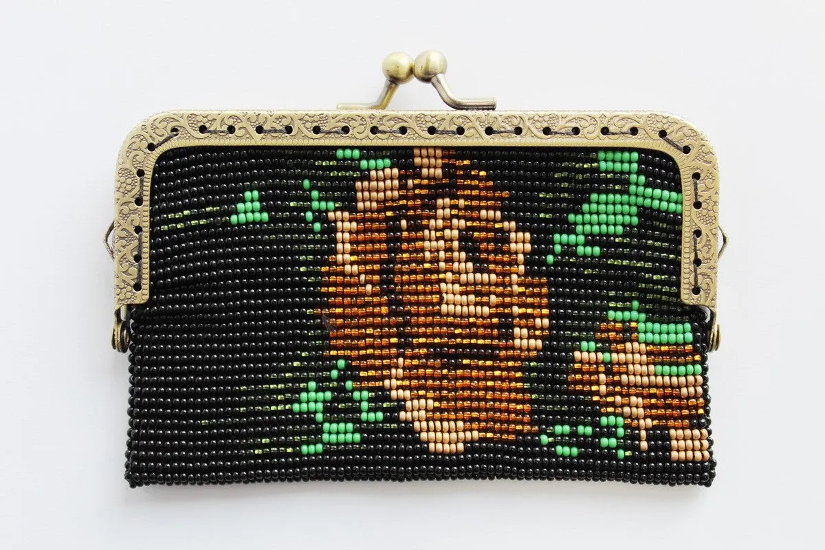 Glass Bead Flower Purse Metal Frame - GOLD