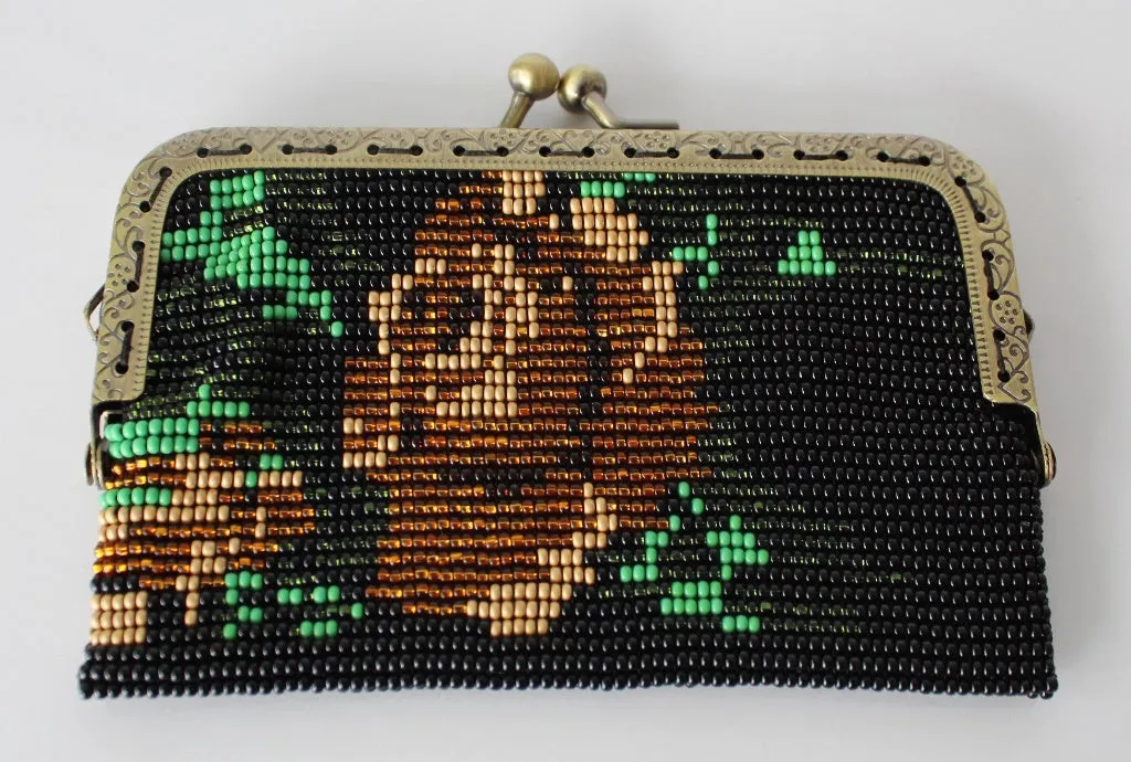 Glass Bead Flower Purse Metal Frame - GOLD