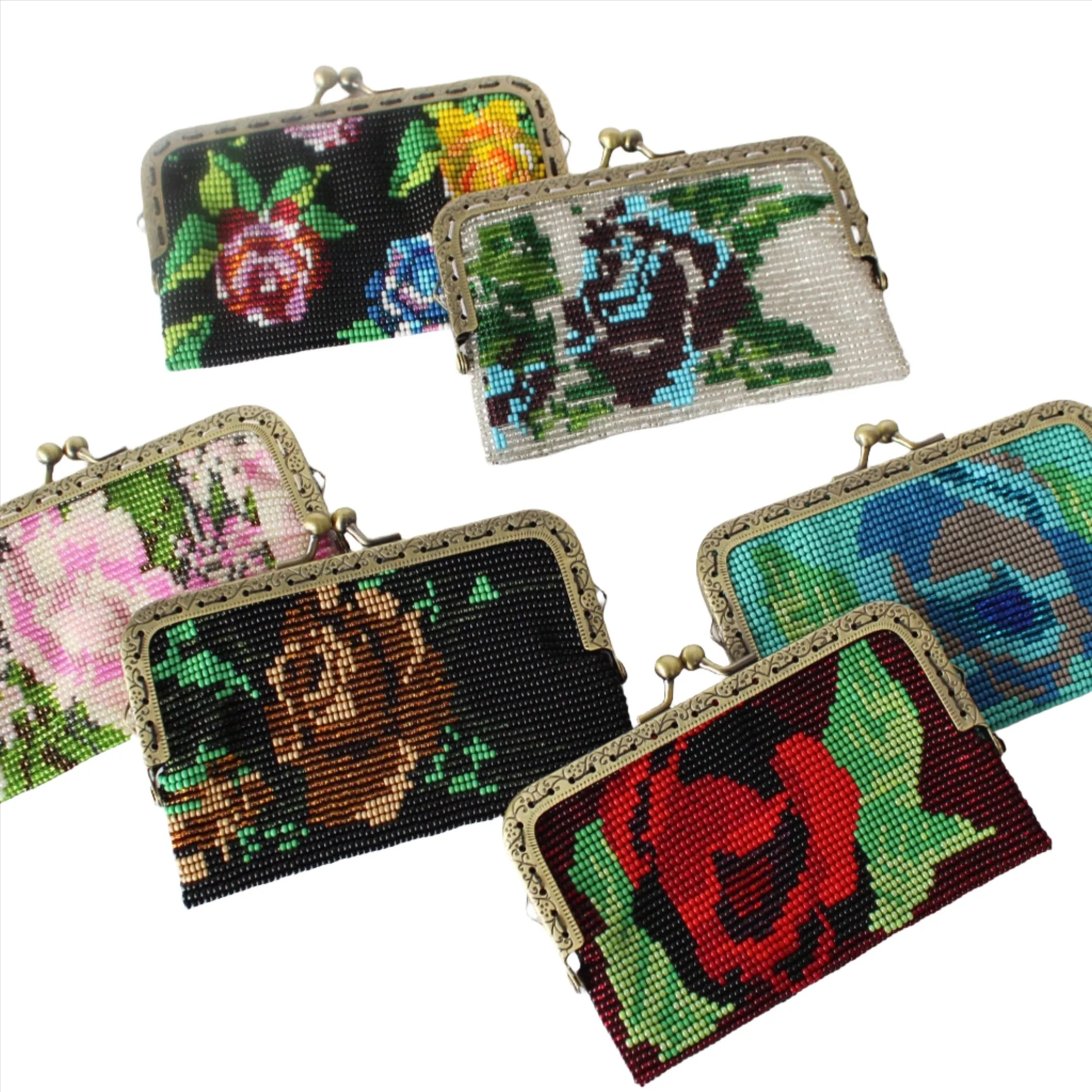 Glass Bead Flower Purse Metal Frame - GOLD