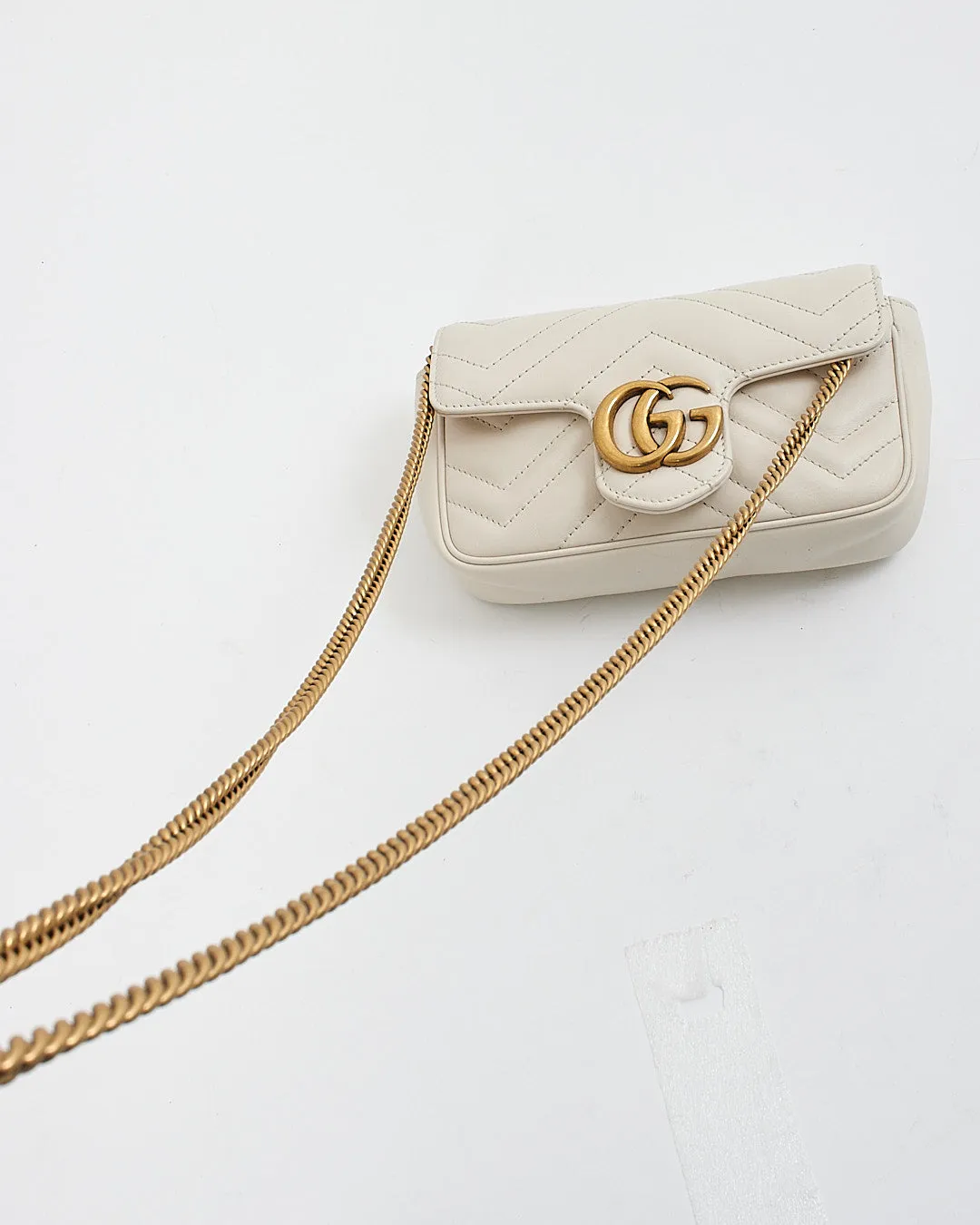 Gucci Beige Leather GG Marmont Matelasse Super Mini Chain Bag