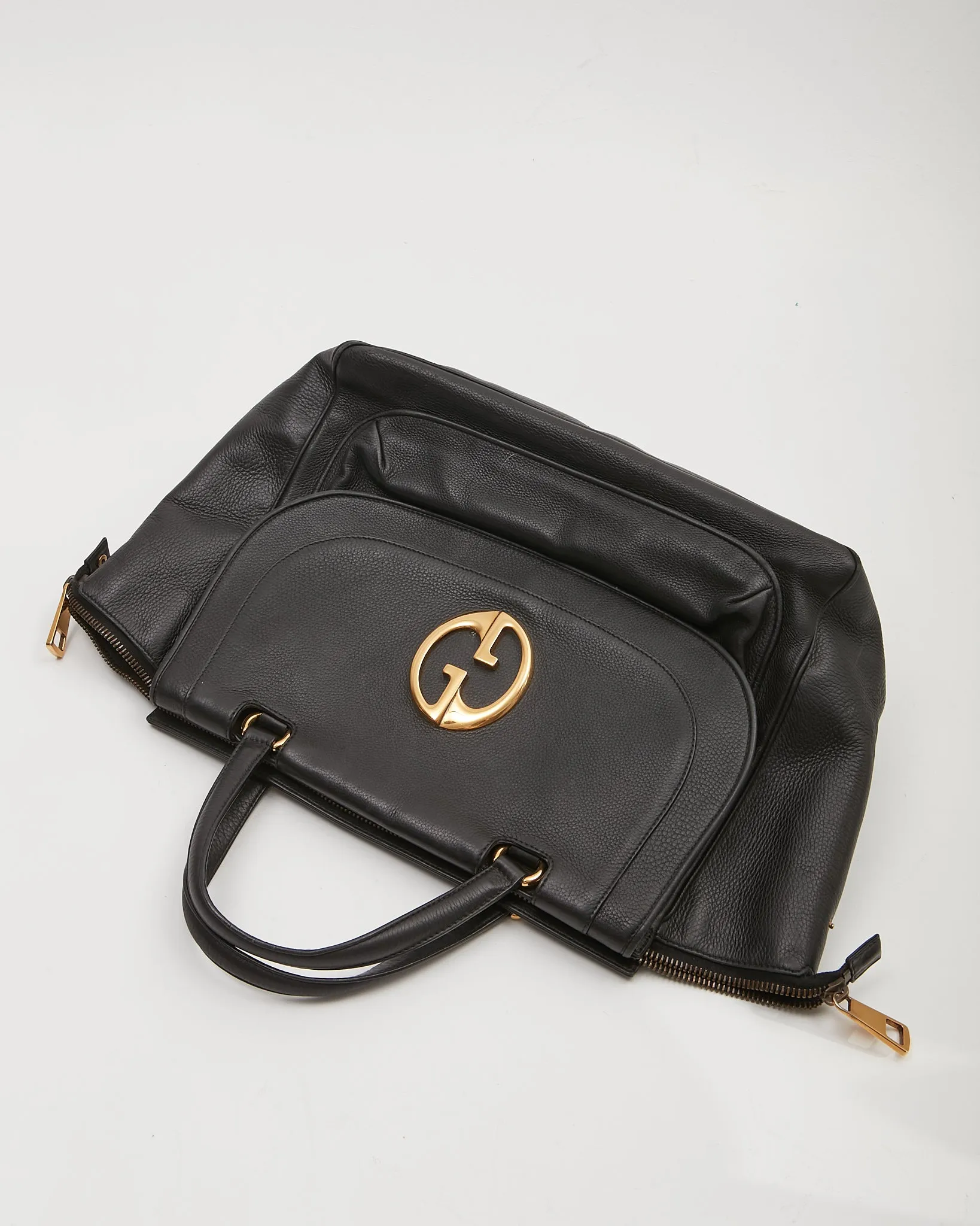 Gucci Black Pebbled Leather 1973 Logo Tote Bag
