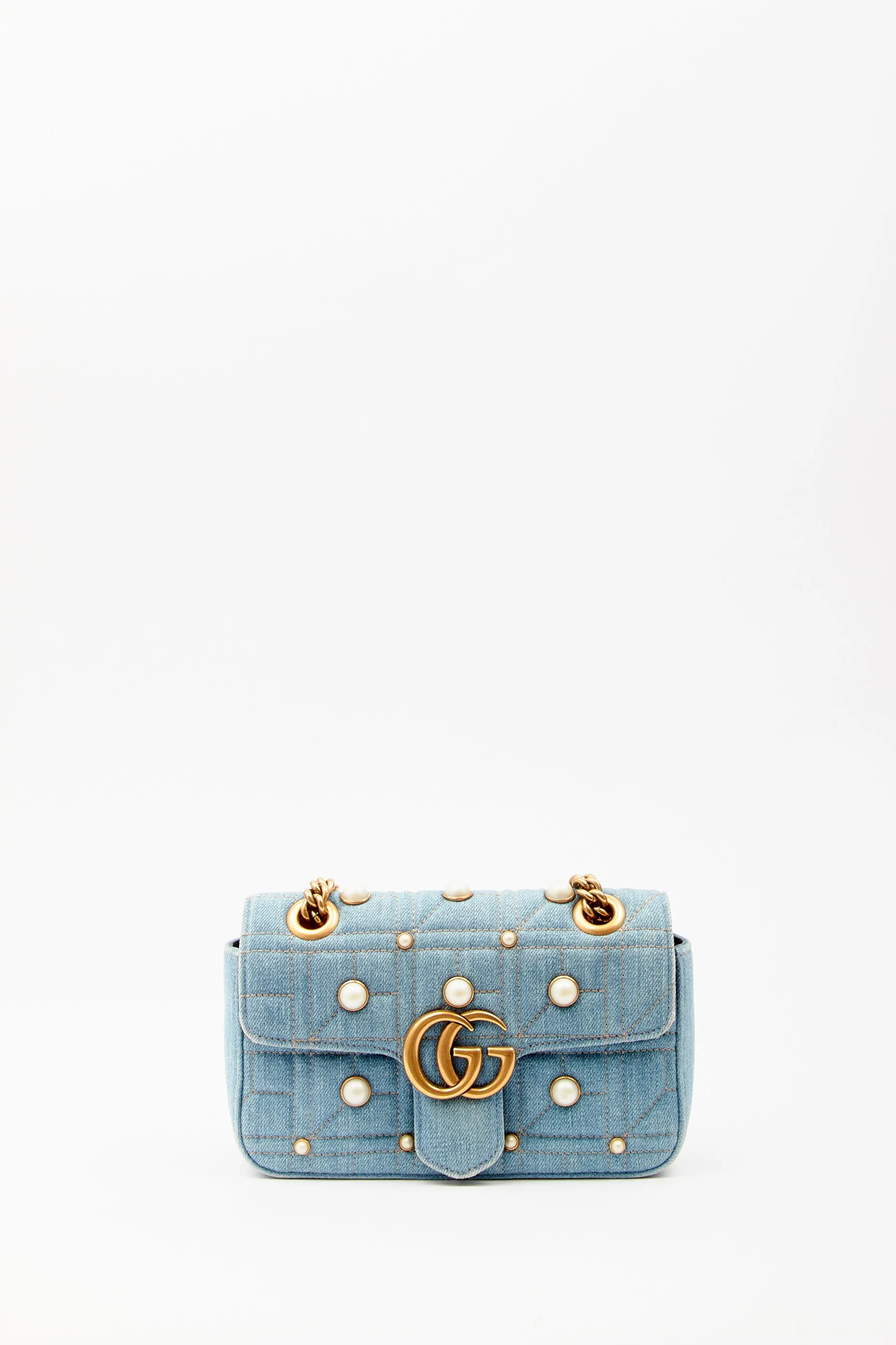 Gucci Blue Denim Matelasse Marmont GG Small Chain Bag