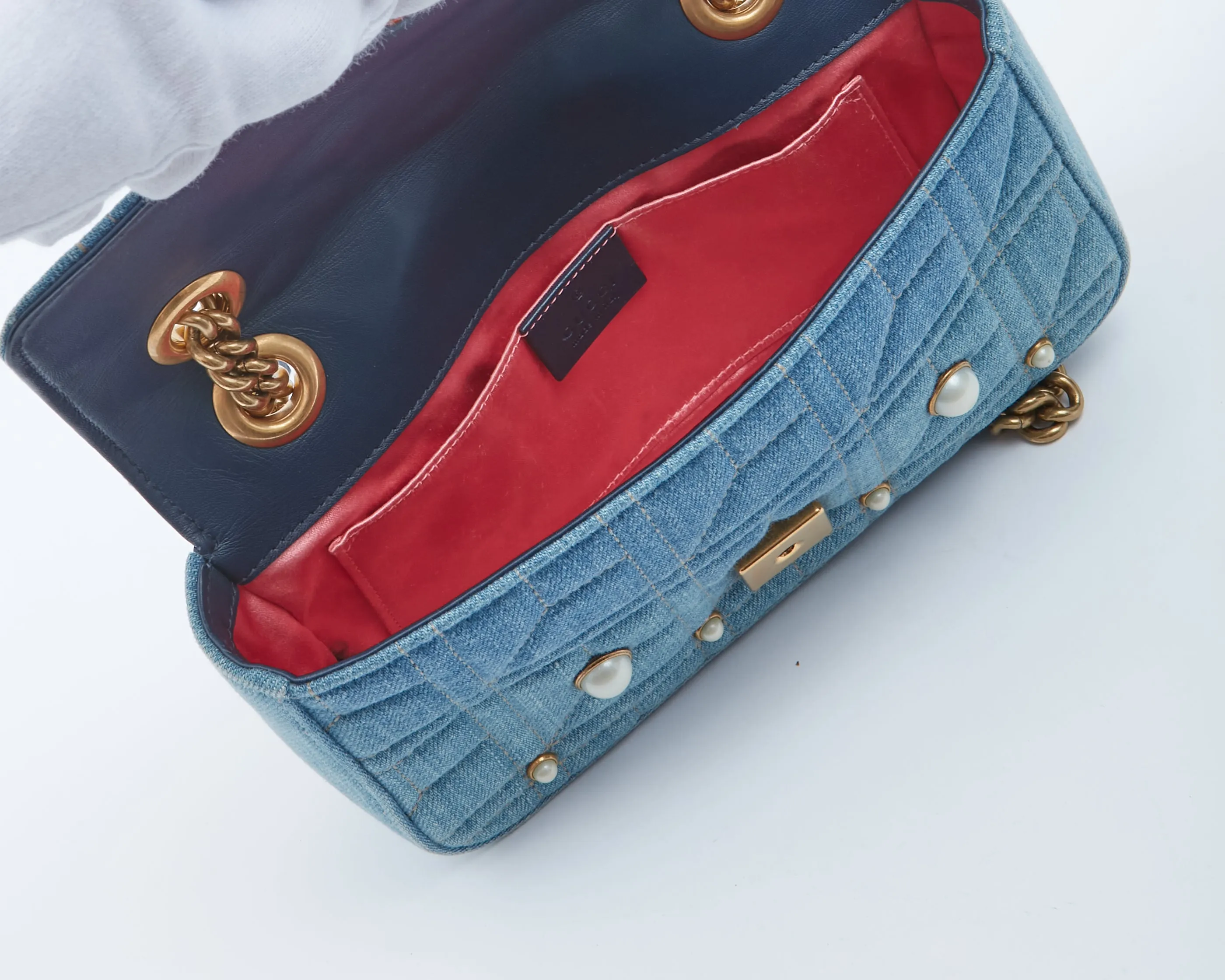 Gucci Blue Denim Matelasse Marmont GG Small Chain Bag