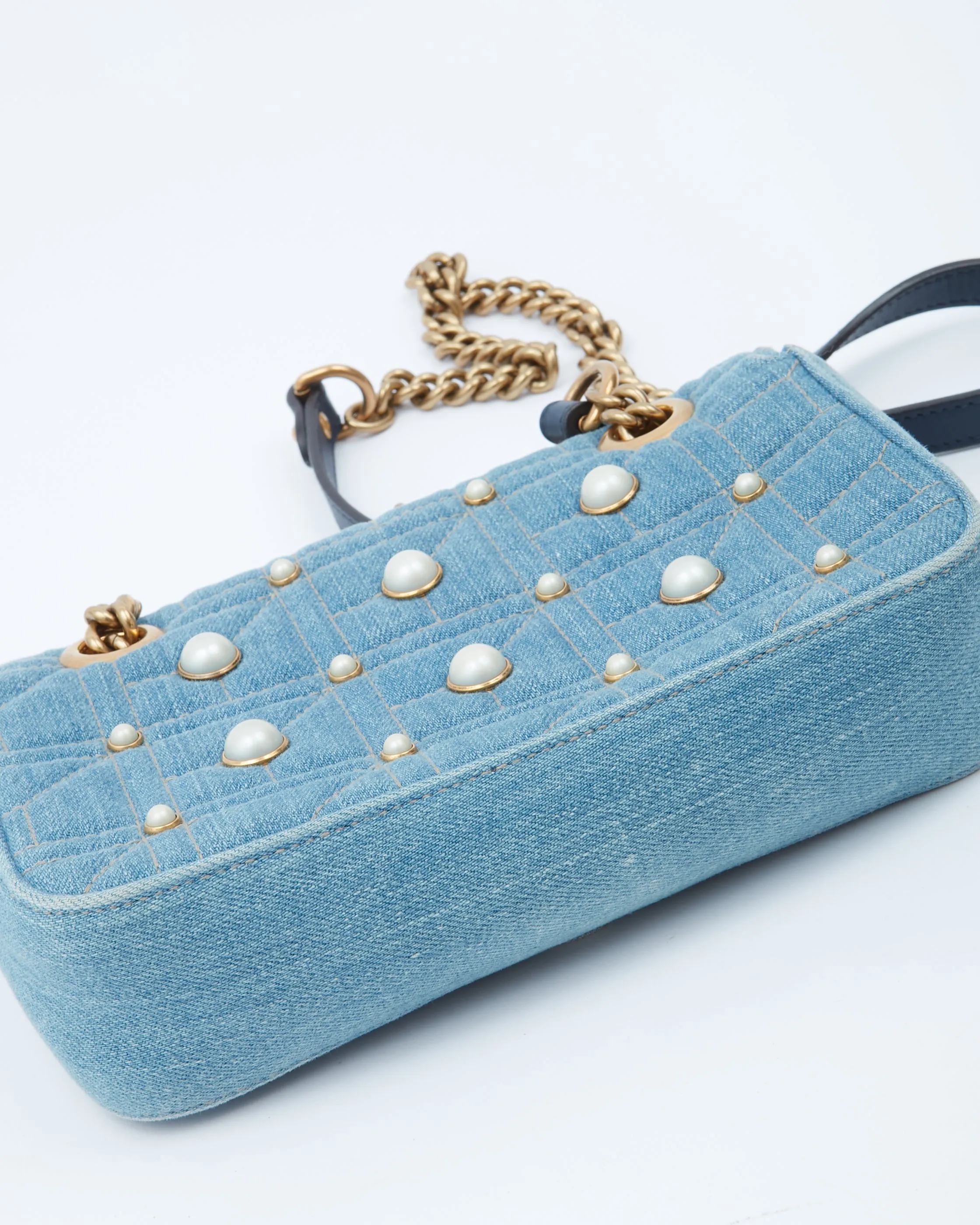 Gucci Blue Denim Matelasse Marmont GG Small Chain Bag
