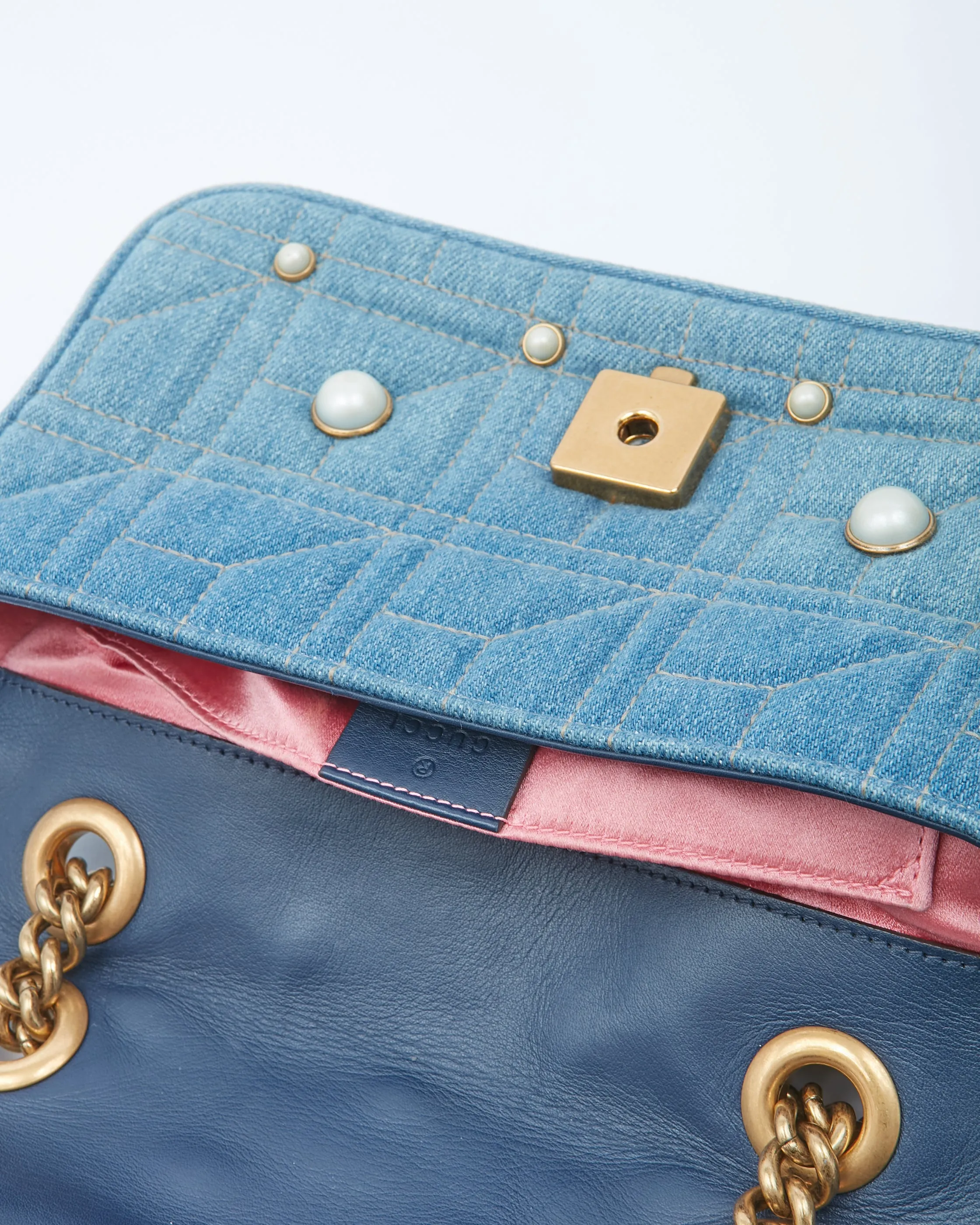 Gucci Blue Denim Matelasse Marmont GG Small Chain Bag