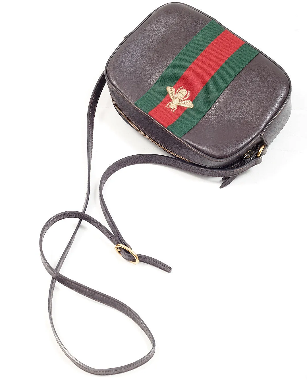 Gucci Brown Leather Web Bee Camera Bag