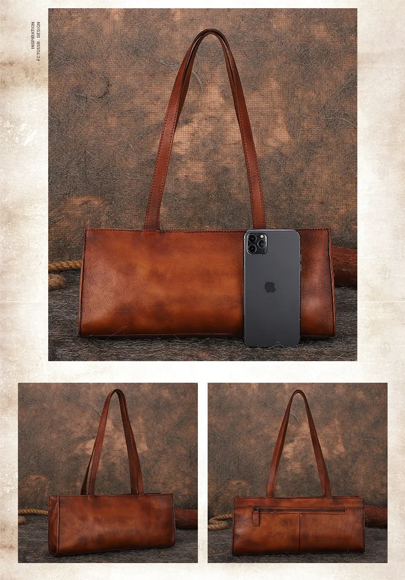 Handmade Brown Leather Womens Vintage Baguette Bag Best Baguette Shoulder Bag Crossbody Purses for Ladies
