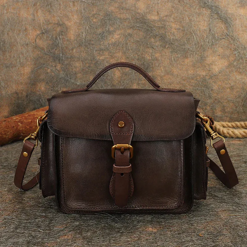 Handmade Coffee Leather Womens Small Satchel Shoulder Bag School Handbag Crossbody Purses for Women