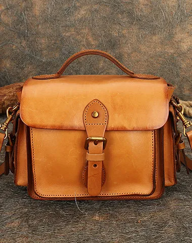 Handmade Coffee Leather Womens Small Satchel Shoulder Bag School Handbag Crossbody Purses for Women