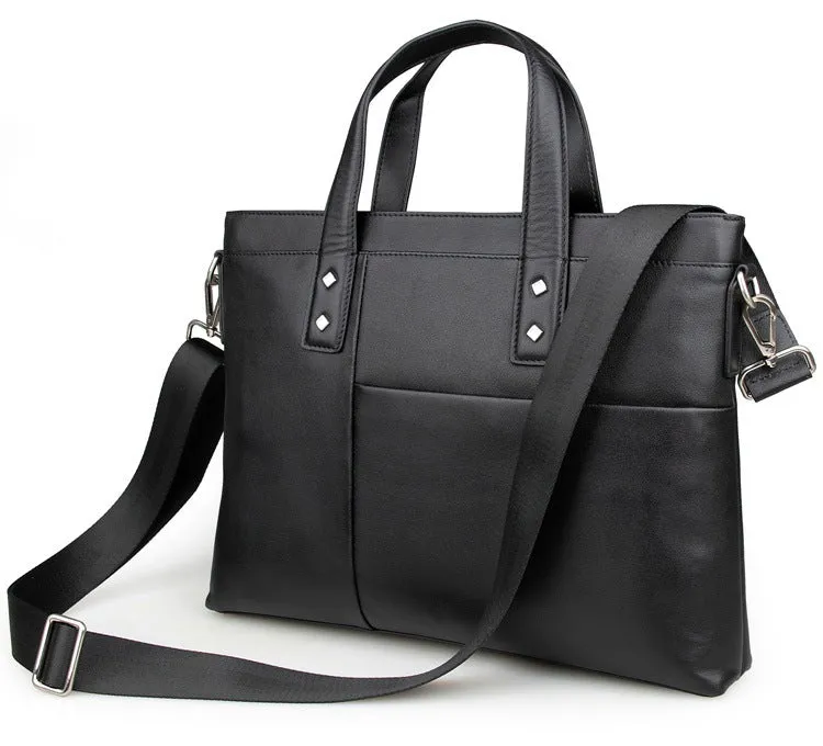 Handmade Top Grain Leather Briefcase Men's Black Business Laptop Shoulder Bags
