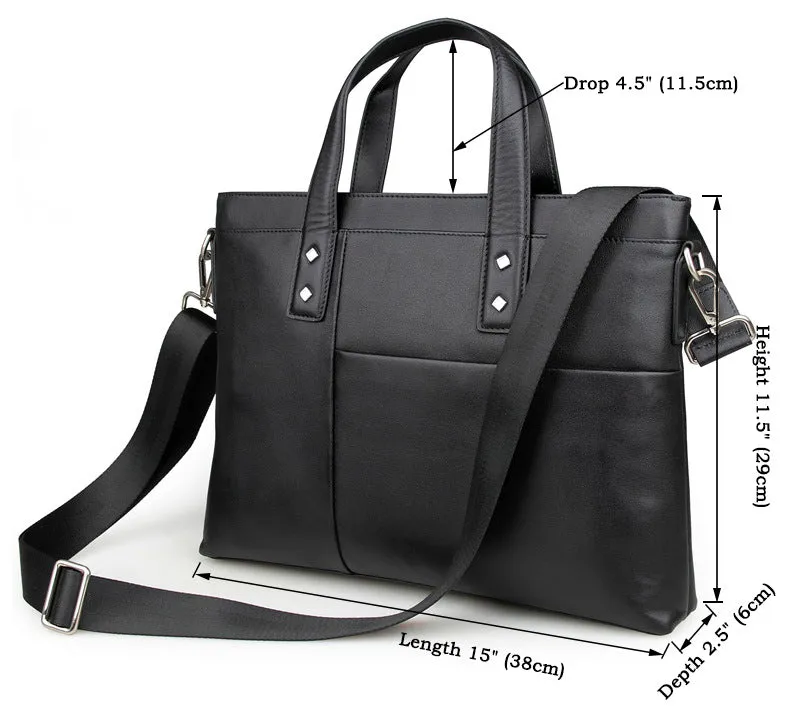 Handmade Top Grain Leather Briefcase Men's Black Business Laptop Shoulder Bags