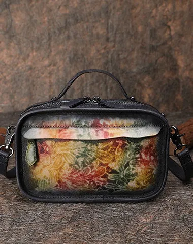 Handmade Womens Floral Leather Mini Satchel Shoulder Bag Best Handbag Cube Crossbody Purses for Ladies