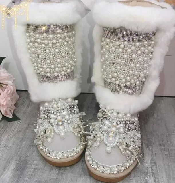 Heavy work rabbit fur leather snow boots Inner increase sweet pearl rhinestones handmade high thick cotton boots