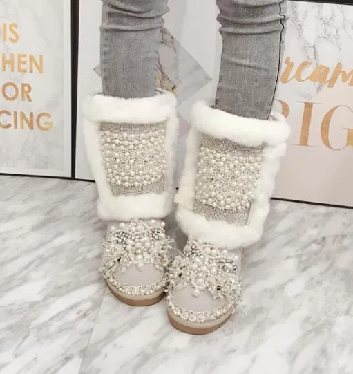 Heavy work rabbit fur leather snow boots Inner increase sweet pearl rhinestones handmade high thick cotton boots