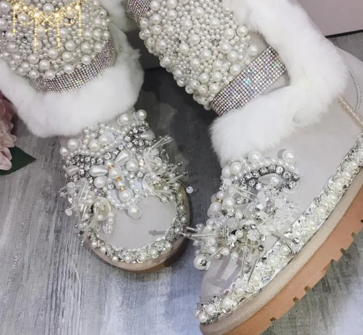 Heavy work rabbit fur leather snow boots Inner increase sweet pearl rhinestones handmade high thick cotton boots