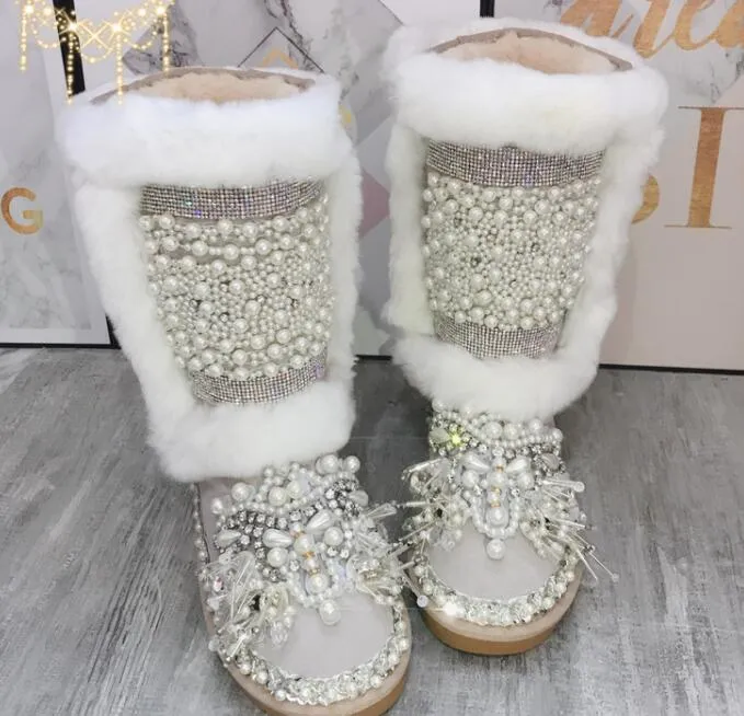 Heavy work rabbit fur leather snow boots Inner increase sweet pearl rhinestones handmade high thick cotton boots