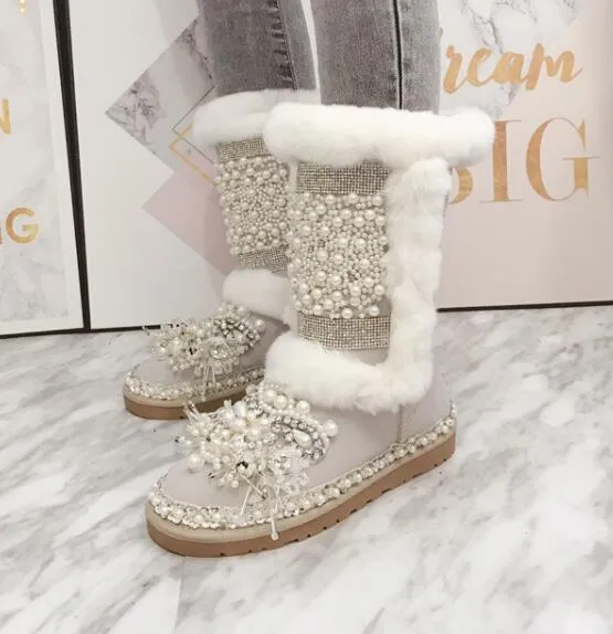 Heavy work rabbit fur leather snow boots Inner increase sweet pearl rhinestones handmade high thick cotton boots